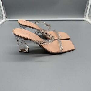 Marc Fisher Nude Rhinestone Clear Flared Heel Square Toe Sandal 9.5 Quiet Luxury